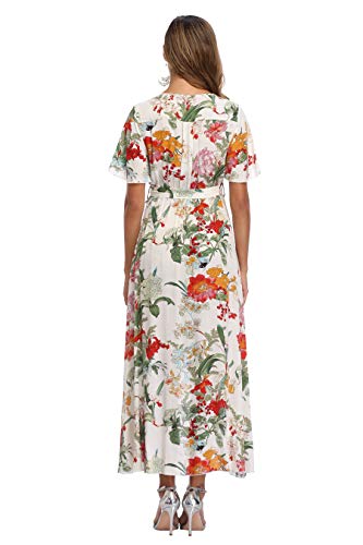 Vintageclothing Women's Wrap V Neck Floral Summer Dresses With Sleeve High Low Maxi Casual Flowy Beach Party Dress, Xl Off-White #TOP4