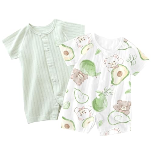ACMEDE Neonato Pagliaccetto Tutina di Cotone, Pacco da 2 Bodysuits a Manica Corta Body Estivo Orso Frutta Tuta Pigiama Neonati Pagliaccetti Body a Scatto Bimbo 0-18 Mesi