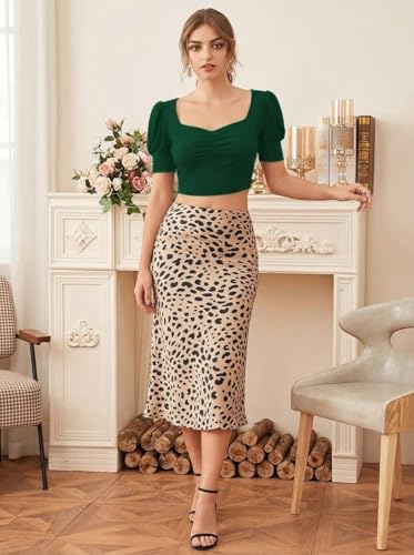 Image of Sweetheart Neck Ruched Front Puff Sleeve /Half Sleeve Streachable Solid /Plain Slim Fit Crop top for Women | Women's Slim FIT Crop TOP | Tops for Women