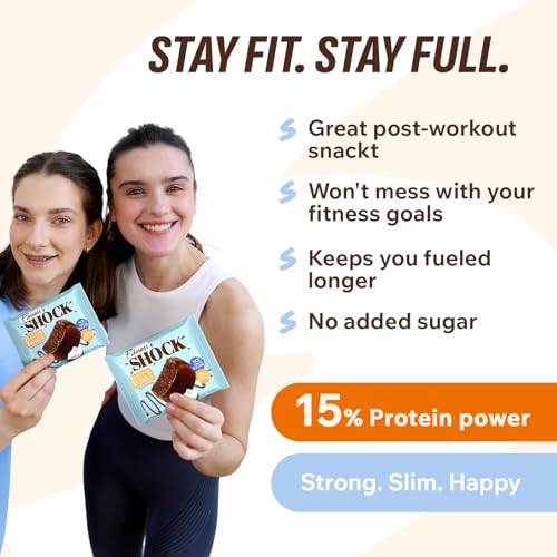 FitnesSHOCK Chocolate Brownie without Added Sugar, 15% Protein, satiating dietary fibre, Soft Texture, 10 Pieces, 50g - Coconut Flavour