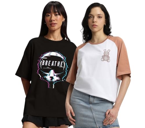 Image of JUNEBERRY Pure Cotton Oversized Fit Drop Shoulder Stylish & Front & Back Graphic Printed Round Neck T-Shirt Combo for Women (Pack of 2)