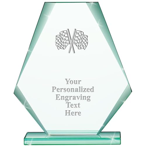 Crown Awards Checkered Flags Jade Pyramid Crystal Award, 6" H Custom Race Flags Award, Engraving Included
