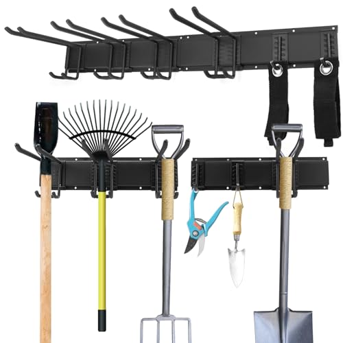 QWORK® Support Rangement de Garage, Support Outils Mural avec 6 Crochets Métalliques Réglables, pour Balai, Râteau, Pelle, Perceuse Électrique