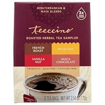 Teeccino Chicory Roasted Herbal Tea Sampler Pack French Roast, Hazelnut, Vanilla Nut and Chocolate, Caffeine Free, 12 Tea Bags Pack of 2