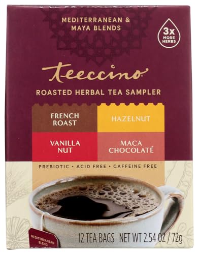 Teeccino Chicory Roasted Herbal Tea Sampler Pack (French Roast, Hazelnut, Vanilla Nut and Chocolaté), Caffeine Free, 12 Tea Bags (Pack of 2)