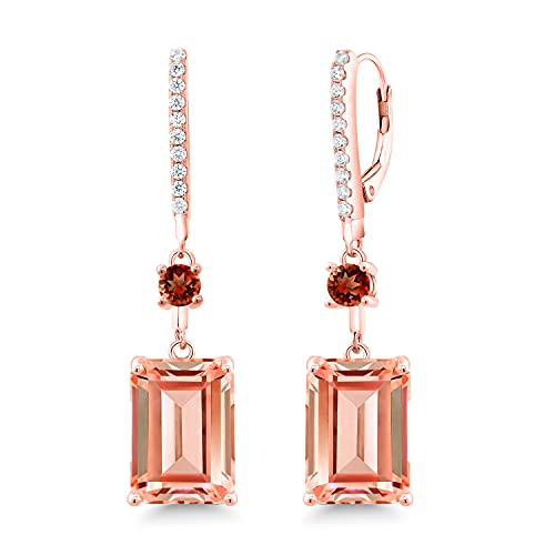 Gem Stone King 18K Rose Gold Plated Silver Peach Nano Morganite and Red Garnet Earrings For Women (13.64 Cttw, Gemstone Birthstone, Emerald Cut 14X10MM)