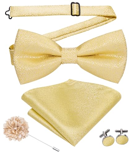 Image of Hi-Tie Bow Ties for Men Pre-Tied Pocket Square with Cufflinks Mens Bowtie Sets for Wedding Formal Party