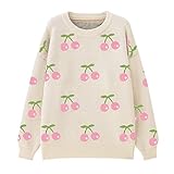 Womens Kawaii Cherry Sweater Cute Long Sleeve Pullover Loose Knit Sweater Tops