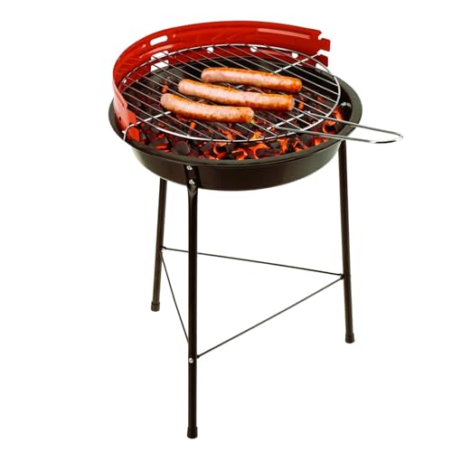 Barbacoa portatil de Carbon con Parrilla Redonda y Estructura de Acero, Ligera y desmontable. 37x44 cm altura ajustable Ideal para Jardin, Camping o Terraza de Facil Limpieza.