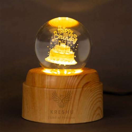 Image of KRESHU Happy Birthday 3D Crystal Rotating Glass Ball Dimmable Warm LED Light Wooden Stand Luminous USB Cable Decoration Night Lights for Art Home Decoration Birthday Gift (Pack of 1)