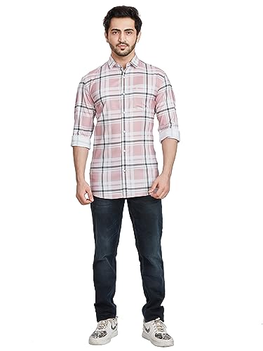 Image of BE ACTIVE Men's Solid Slim Fit Cotton Casual Shirt | Men Stylish Shirt | Spread Collar & Full Sleeves | Checkered Pattern | Regular Fit