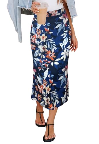 Image of HERBATOMIA Women's Floral Print Midi Skirt Casual High Elastic Waist Zipper Vintage Long Boho Skirts for Women