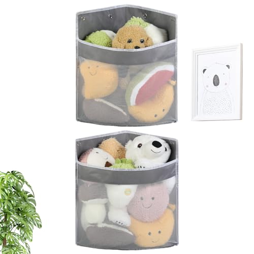 Stuffed Animal Storage, 2 Pack Stuffed Animal Hammock Corner Toy Organizer, Wall Mount Large Net Basket for Teddy Plush, Hanging Kids Plush Toys Holder for Nursery Play Room Bedroom Decor, Grey