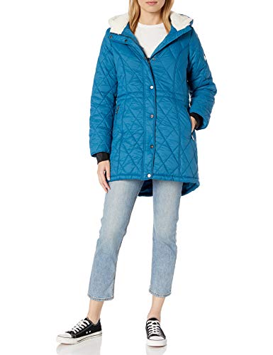 Steve Madden Women's Quilted Anorak with Hood, Nylon with Sherpa Teal, M