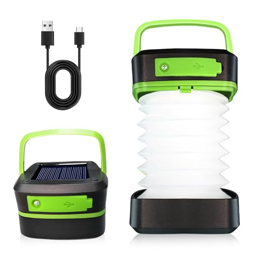 LED Campinglampe Aufladbar, Faltbare Solar / USB-C Camping Laterne mit 3 Helligkeit, IP65 Wasserdicht Notlicht für Camping Wandern Stromausfälle Angeln Notfall Überleben (Grün)