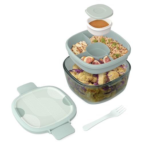 Bentgo Glass Salad Container 7.6-Cup 4-Compartment Tray Reusable Fork