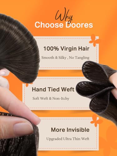 Image of DOORES Hand Tied Weft Hair Extensions Human Hair Remy Hair, 22 Inch Light Dark Brown 60g, Hair Extensions Real Human Hair