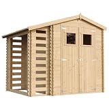Abri à bûches en bois avec rangement – Abri de jardin avec abri pour bois de chauffage intégré offrant environ 4,47 m² de surface au sol. Conçu pour s'adapter parfaitement aux clôtures, murs ou sous les auvents. Convient pour le stockage du bois de chauffage et des poubelles à roulettes.