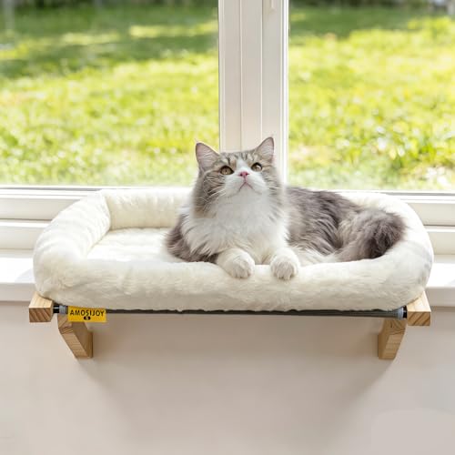 AMOSIJOY Cat Sill Window Perch Sturdy Hammock Window Seat with Cushion Bed Cover, Wood & Metal Frame for Large Cats, Easy to Adjust Cat Bed for Windowsill, Bedside, Drawer and Cabinet(Cushion Bed)
