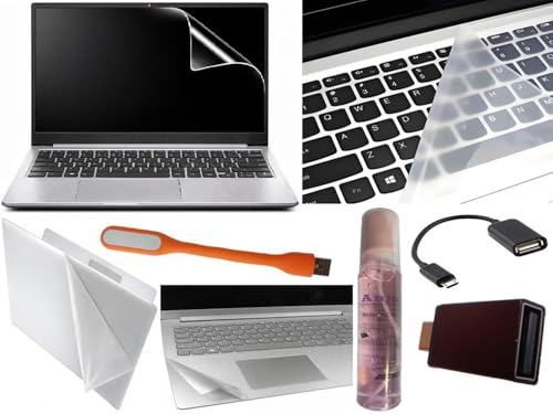 Image of Anjo 8 in 1 Combo Of 14 Inch & 16:10 Display Aspect Ratios Laptop Screen Protector, KeySkin, Body Lamination Trackpad & Lid (Transparent), USB Light, Cleaner, Type C & Micro OTG.