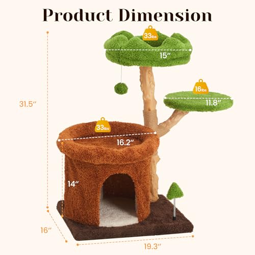 Fansafurn Cute Cat Tree with Scratching Posts, Bed & Condo, Multi-Level Cat Tower for Playful Cats and Multiple Cats, 32" Wooden Climbing Tower with Natural Wood & Soft Plush by FansaFurn - Image 5