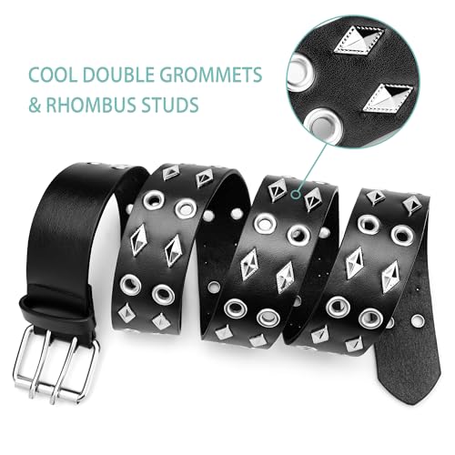 Image of Grommet Belts for Women Men, Studded Black Leather Belt for Jeans - Black with Rhombus, S