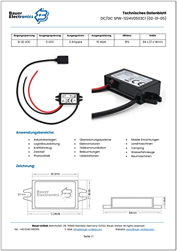 Bauer Electronics | DC-DC 8V-32V zu 5V Spannungs-wandler USB 3A 15W | USB Buchse 12-V 5-V Strom-adapter Netzteil 24-V USB Buck Converter Step-down USB Ladegerät Motorrad Volt Lade-regler
