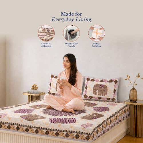 Image of Jaipur Weaves Bedsheet King Size 100% Pure Cotton Bed Sheet with 2 Pillow Covers, 144 TC Premium Bedding Set, 72x78 inches,(Royal Elephants Pink, Super King Fitted)