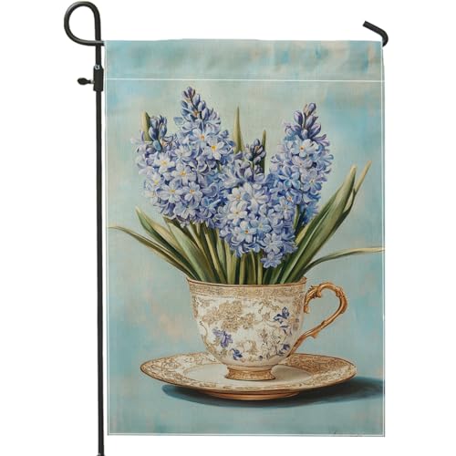 Bandiera da giardino floreale blu primaverile estate, bandiera da giardino con fiori di giacinto, decorazione per esterni, bandiera da giardino in iuta su entrambi i lati, decorazione per la casa