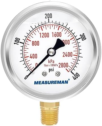 MEASUREMAN 2-1/2" Dial Size, Glycerin Filled Pressure Gauge, 0-400psi/2800kpa, 304 Stainless Steel Case, 1/4" NPT Lower Mount