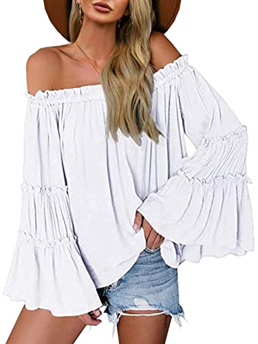 Farktop Womens Off The Shoulder Long Bell Sleeve Tops Flared Casual Loose Blouse Z White