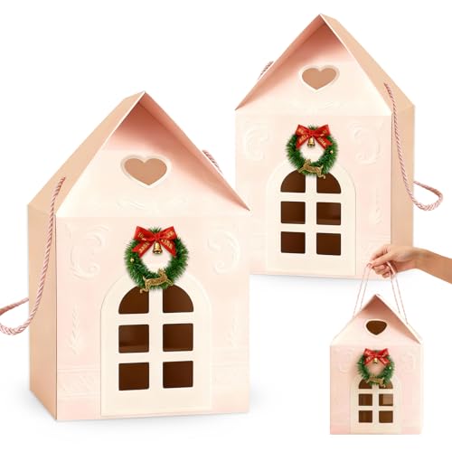 Christmas House Boxes for Gifts 2Pack Large Christmas Cottage Gift Box House Shaped Durable Xmas Paper Candy Cookie Packaging Bags with Handles