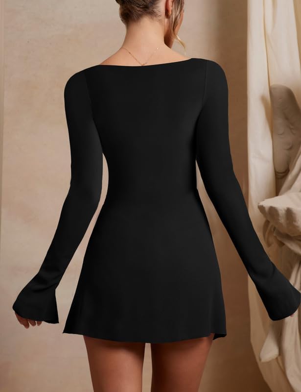WISFRUIT Women's Sexy Square Neck Bodice Dress Long Sleeve Ruched Side Slit Party Club Mini Dress - Image 4