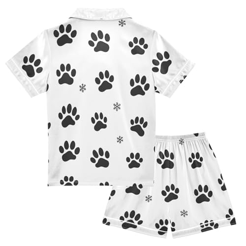 ALAZA Snowflake Paw Print White Satin Pajamas Set Short Sleeve Button Down Sleepwear Summer Pjs 2 Piece2