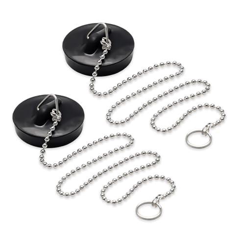 2 Piezas Tapones de desagüe Tapones de Fregadero con 40cm Cadena Tapón para bañera Tapón para Lavabo Tapón de Goma para lavabos,bañeras y fregaderos de Cocina(Negro)(Ø40-45mm)