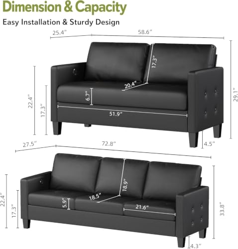 Image of STHOUYN Black Faux Leather 3 Seater Sofa Couch and Loveseat Set (3+2) | STHOUYN, Modern, Comfy, Tufted Armrest, USB Charger, 2 Pieces Living Room Furniture Sets, Office