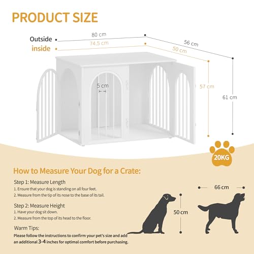 Hzuaneri Hundekäfig Möbel, 80cm Hundebox für Zuhause, 3 Türen, Bogentür, Moderne Hundebox Indoor für Hunde, Beistelltisch, Hundekäfig Hochbelastbar, 80 x 56 x 61 cm, Weiß DFC85113W