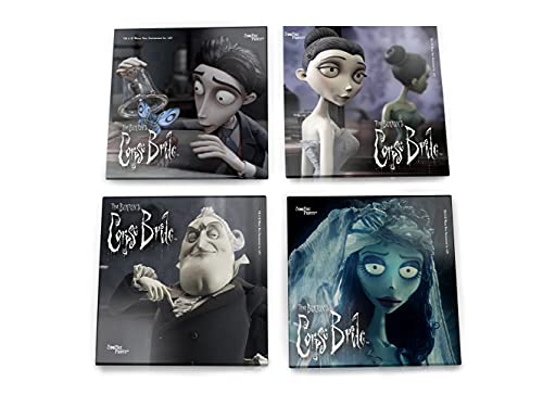 Tim Burton’s Corpse Bride – Victor - Victoria - Lord Barkis - Emily – Set of Four 4” x 4” Glass Coasters - Comes with Stylish Modern Wooden Coaster – for Gifting and Collecting