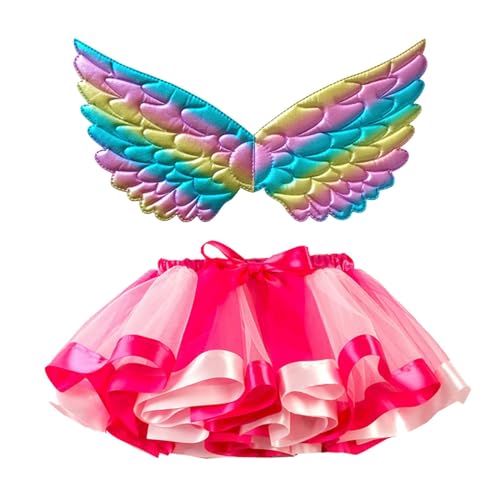 Girls Rainbow Flower Tulle Skirt Toddler Kids Tutu Skirt with Wing Dance Ballet Dress Carnival Party (Pink, 9-11 Years)