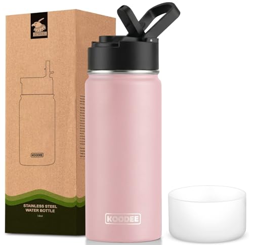 Image of koodee 16 oz Water Bottle Stainless Steel Double Wall Vacuum Insulated Water Bottle Wide Mouth Flask with Leakproof Straw Lid (Light Pink)