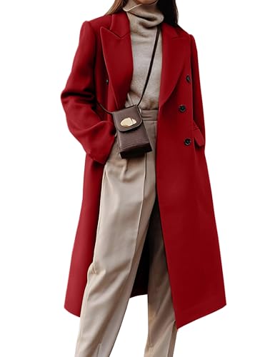 IDEALSANXUN Long Wool Coats for Women 2025 Fall Winter Double Breasted Trench Coats Tweed Blazer Dressy Jackets, Mapel Red, L