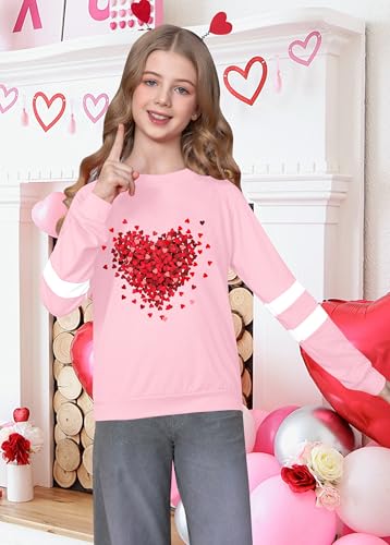 Image of LAZYCHILD Kids Valentine Shirt Girls Valentines Day Shirts Heart Graphic Long Sleeve Striped Tee Tops 5-14 Years