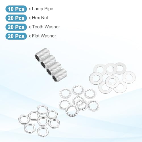 Image of MECCANIXITY 70Pcs 0.6 inch Lamp Pipe Nipples Kit with Hex Nuts Washers, M10 Fine Threaded Hollow Tube Repair Hardware Fasteners Assortment for Assembly Chandelier Ceiling Lamp DIY, Silver