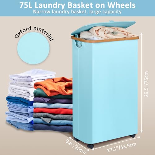 Image of efluky Slim Laundry Hamper with Wheels, Narrow Laundry Basket with Lid and Removable Bag, Aesthetic Dirty Clothes Hamper on Wheels for Laundry Room, Bedroom, Dorm and Bathroom, 75L Beige