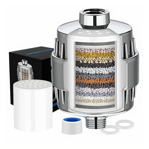 Image of 20 Stage Shower Filter for Hard Water - 99% Removal High Output Shower Head Filter for Chlorine, Heavy Metals, Improve Skin, Hair and Nails, Chrome Finish, Silver