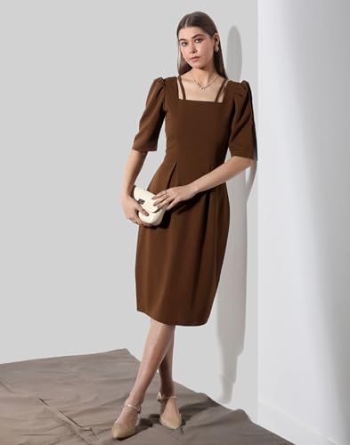 Image of Selvia Brown Puff Sleeve Square Neck Bodycon Dress