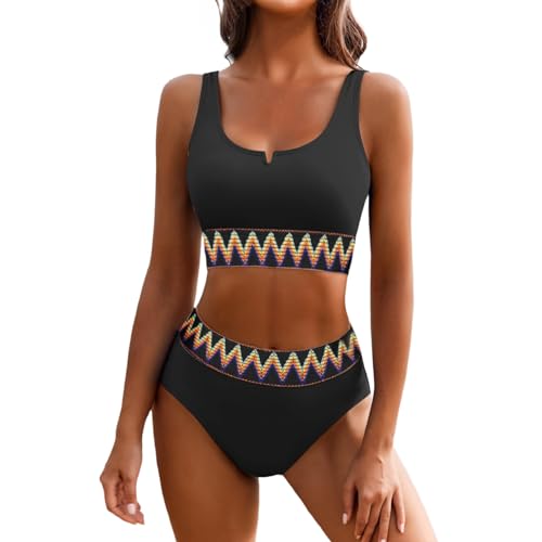 Damen Bikini Set Große Größen Push Up Oberteil High Waist Hose Bauchweg Deckend mit Verstellbare Träger Bademode für Curvy Strandmode