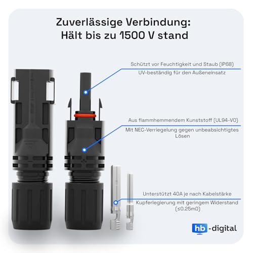 HB-DIGITAL Kabel solarny, 2 x 25 m, 6 mm², przedłużacz, para kabli do instalacji fotowoltaicznych, H1Z2Z2-K z wtyczką solarną 1500 V, moduł solarny, kabel połączeniowy, elastyczny, odporny na warunki