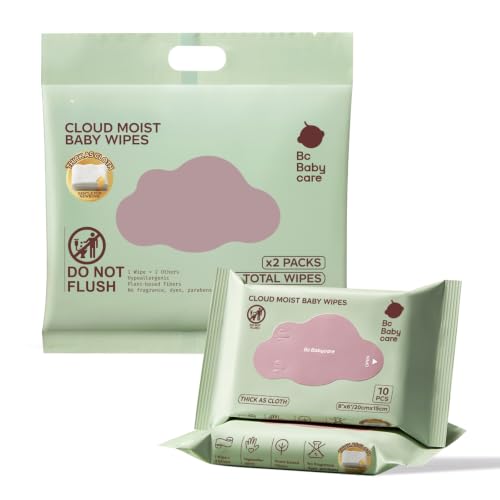 Image of Bc Babycare Cloud Moist Baby Travel Wipes, 2 Pack, On The Go Pocket Size, Ultra Thick, 99% Water, Unscented, Hypoallergenic for Sensitive Skin, Biodegradable