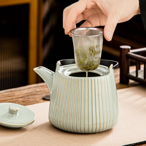 Image of Yundu Ceramic Teapots for Tea, 1000ml /33.8oz Tea Pot with Infusers for Loose Tea, Striped Tea Pot with Removable Tea Infuser - Reactive Green